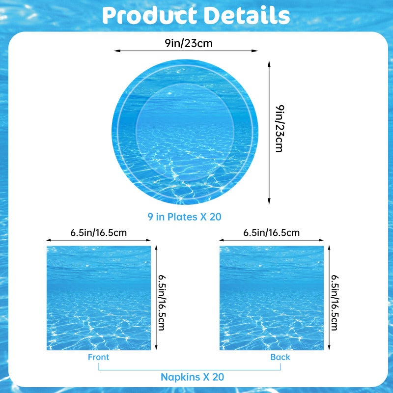 Litmitfu 40 Pcs Ocean Plates and Napkins Sets - Under The Sea Party Supplies Tableware, Blue Disposable Paper Plates and Napkins Kit for Summer Ocean Themed Party Decorations Birthday Table Decor, Serves 20 - Image 3