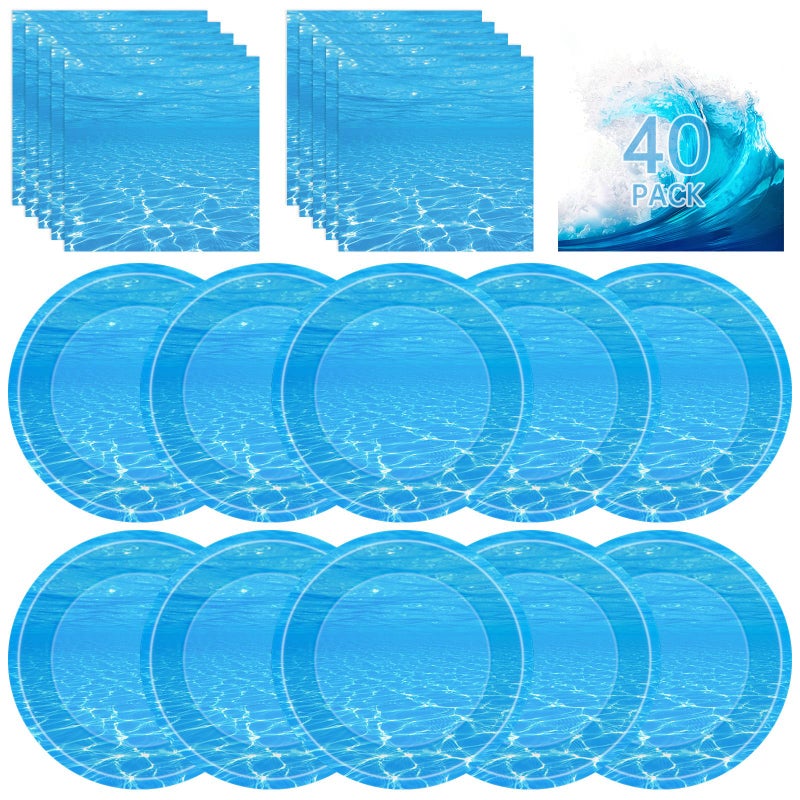 Litmitfu 40 Pcs Ocean Plates and Napkins Sets - Under The Sea Party Supplies Tableware, Blue Disposable Paper Plates and Napkins Kit for Summer Ocean Themed Party Decorations Birthday Table Decor, Serves 20 - Image 1