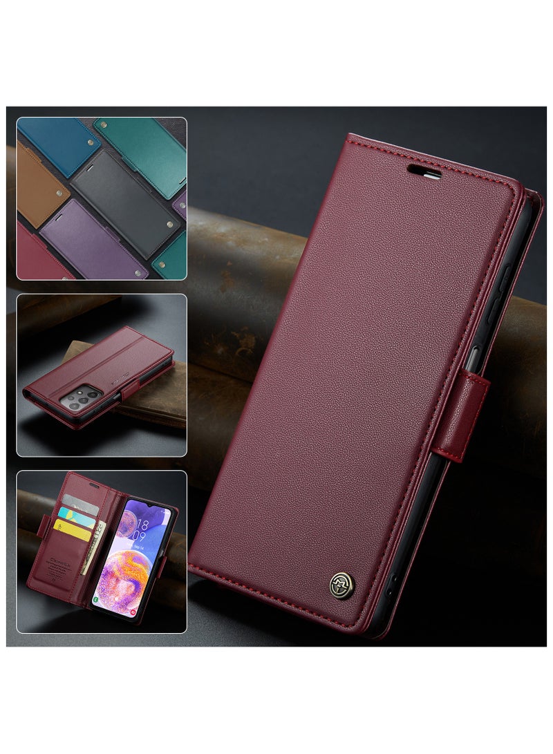 Flip Wallet Case for Samsung Galaxy A23 4G / 5G, Leather Magnetic Attachment Flip Case Burgundy - Image 4