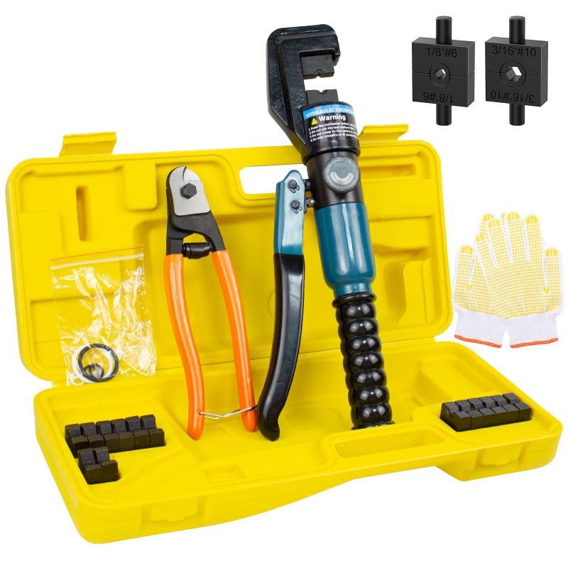 BLIKA 10 Ton Hydraulic Crimping Tool and Cable Cutter Hydraulic Wire Battery Cable Lug Terminal Crimper Crimping Tool with 11 Dies Wire Swaging Tool for 18 to 316 Cable Railing Hardware
