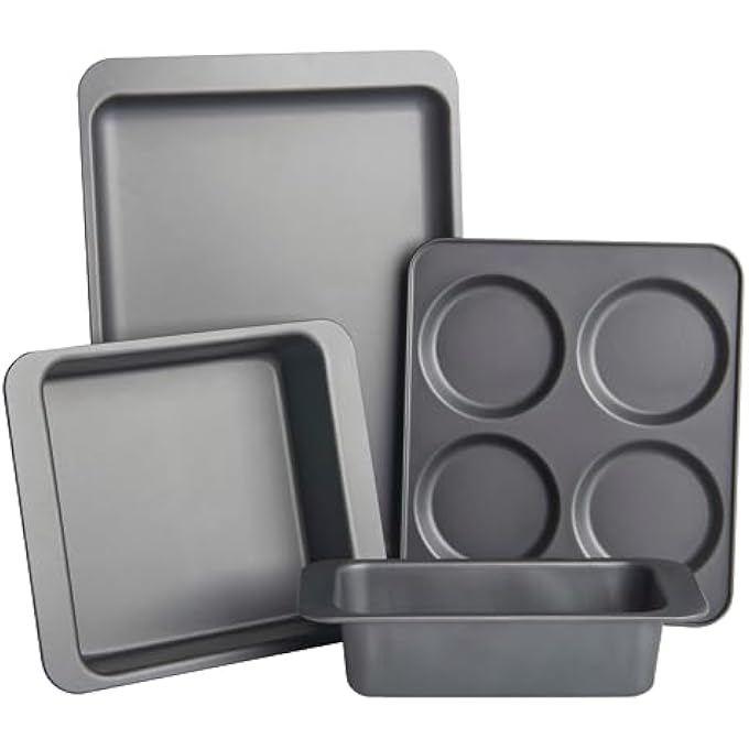 BakingRoasting Starter Set  Large 385cm NonStick Oven Tray 4 Cup Yorkshire Pudding Tray 25cm Square SandwichCake Tin and 25cm Deep Loaf Tin Nestable Bakeware  Dishwasher Safe - Image 1