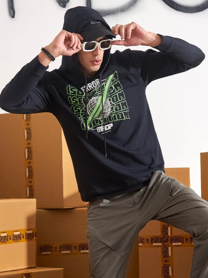 Maniac Maniac Mens Printed Hooded Neck Full Sleeve Black and Green Boxy Fit Cotton T-Shirt