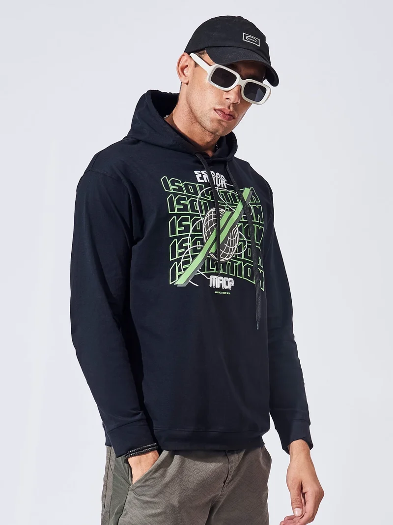 Maniac Maniac Mens Printed Hooded Neck Full Sleeve Black and Green Boxy Fit Cotton T-Shirt