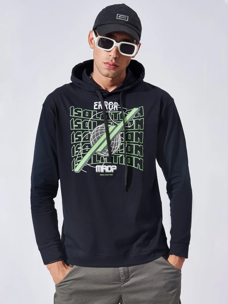 Maniac Maniac Mens Printed Hooded Neck Full Sleeve Black and Green Boxy Fit Cotton T-Shirt