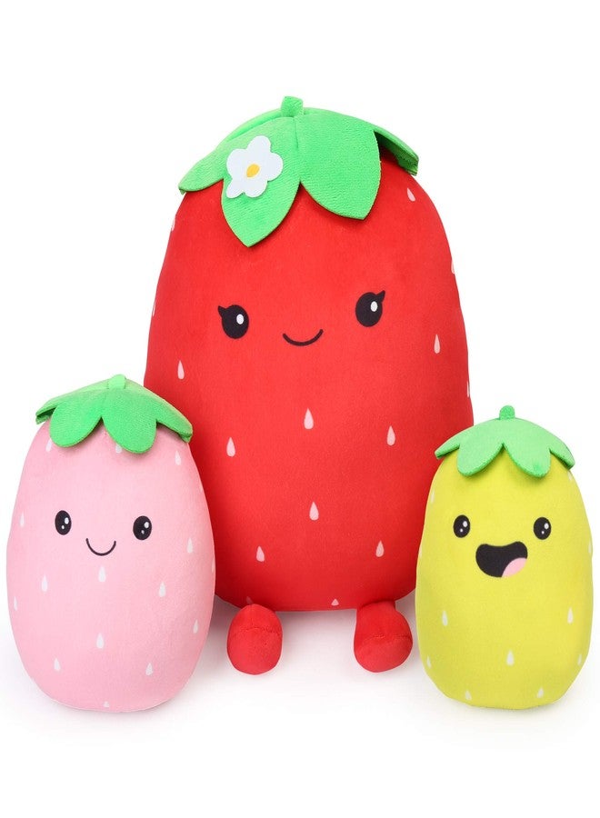 BenBen Strawberry Plush Toy, Set of 3, 12'', 7'' and 6'', Squishy Fruit Stuffed Plushies, Soft Hugging Cushion, Plush Pillow for Girls, Home Decorations, Easter Gifts - Image 1