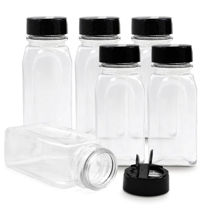6 PACK 14 OZ PLASTIC SPICE JARS WITH BLACK CAP CLEAR AND SAFE PLASTIC BOTTLE CONTAINERS WITH SHAKER LIDS FOR STORING SPICE HERBS AND SEASONING POWDERS BPA FREE MADE IN USA