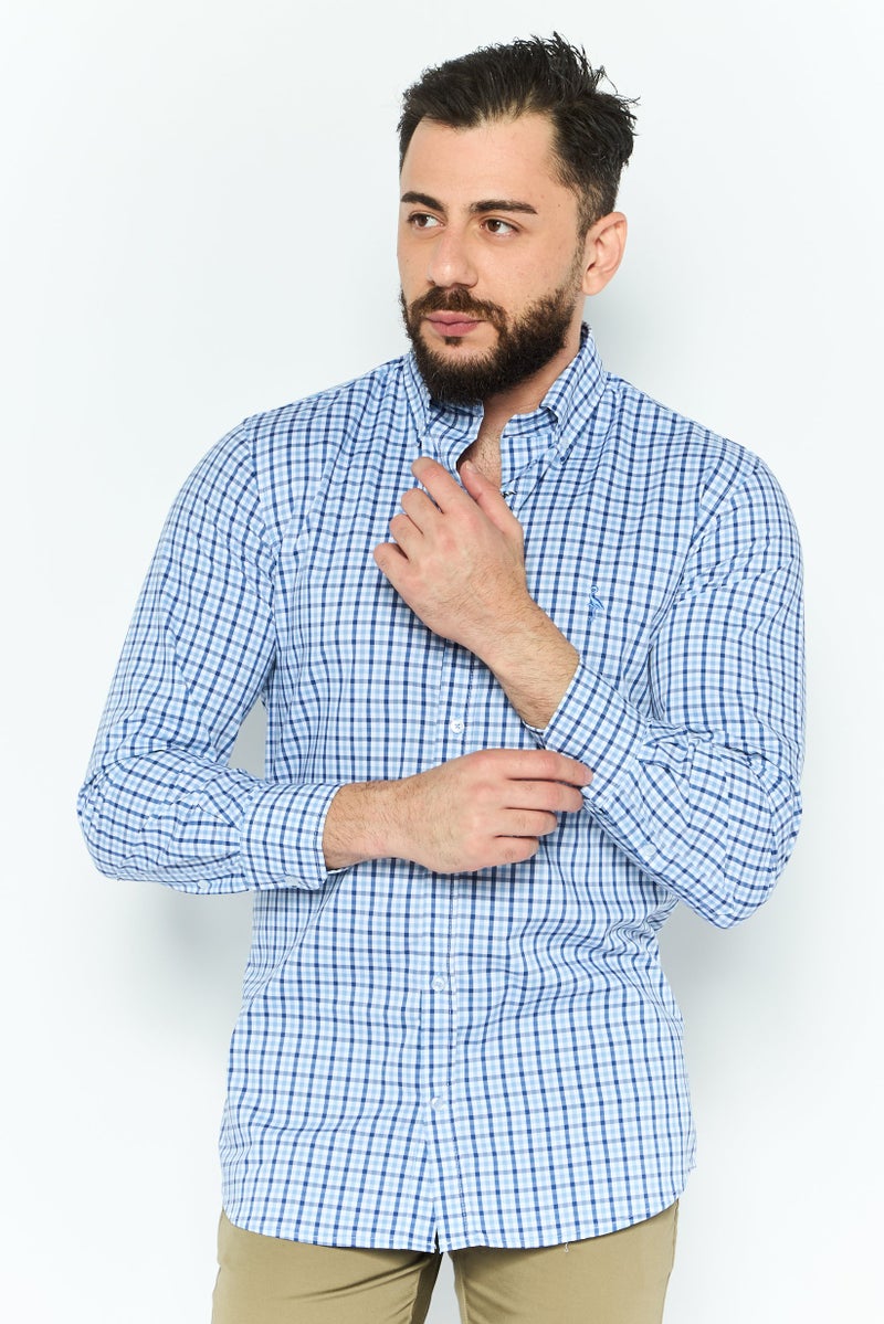 Tailorbyrd Men Performance Fit Gingham Pattern Long Sleeve Casual Shirt, Blue - Image 1