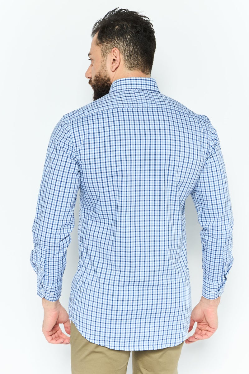 Tailorbyrd Men Performance Fit Gingham Pattern Long Sleeve Casual Shirt, Blue - Image 3