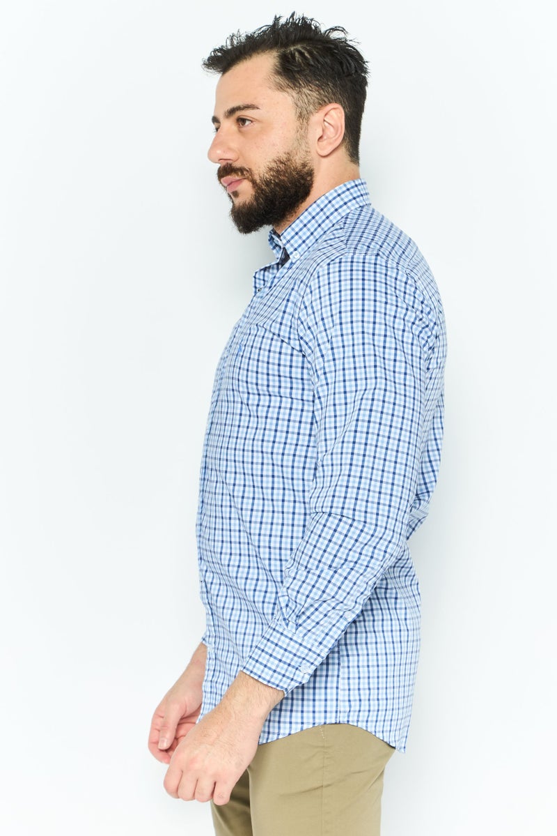 Tailorbyrd Men Performance Fit Gingham Pattern Long Sleeve Casual Shirt, Blue - Image 2