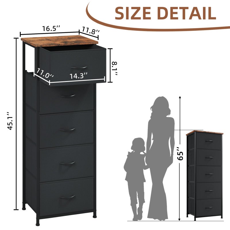 Somdot Tall Dresser for Bedroom with 5 Drawers, Storage Organizer Chest of Drawers with Removable Fabric Bins for Closet Bedside Living Room Laundry Entryway Hallway, Black Rustic Brown - Image 3