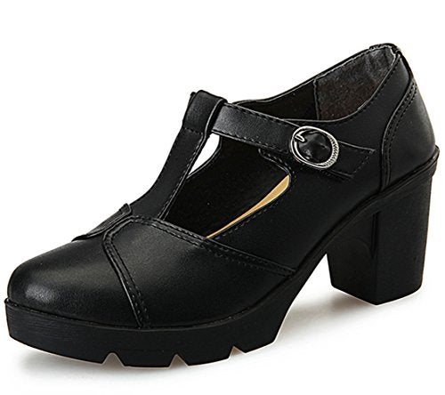 DADAWEN Women's Classic T-Strap Platform Mid-Heel Square Toe Oxfords Dress Shoes Black US Size 7 - Image 1