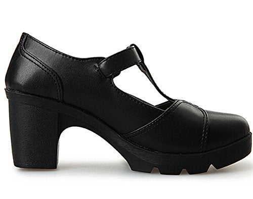 DADAWEN Women's Classic T-Strap Platform Mid-Heel Square Toe Oxfords Dress Shoes Black US Size 7 - Image 5