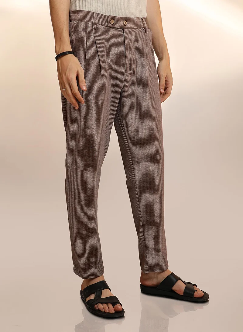 Campus Sutra Men's Mocha Brown Striped Tailored Trousers