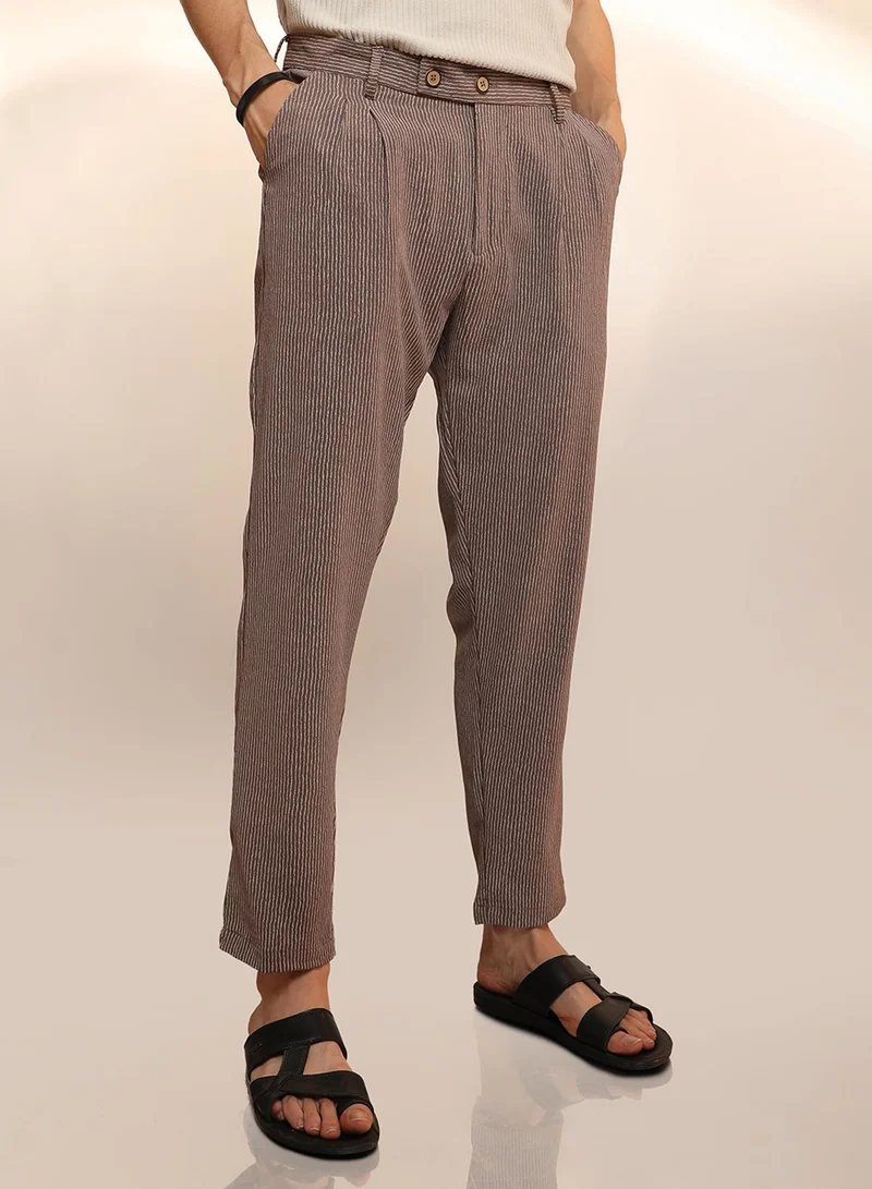 Campus Sutra Men's Mocha Brown Striped Tailored Trousers