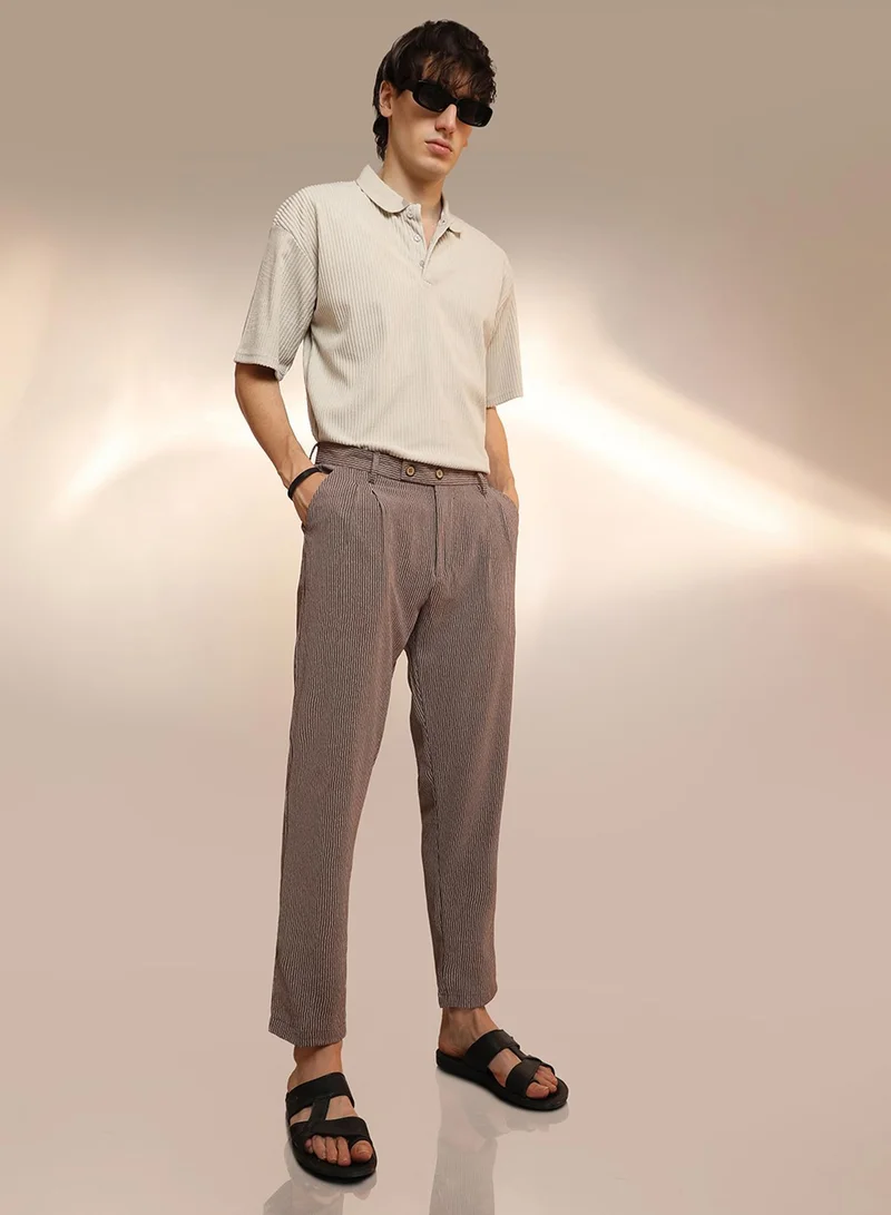 Campus Sutra  Men's Mocha Brown Striped Tailored Trousers for Men | Best Price UAE