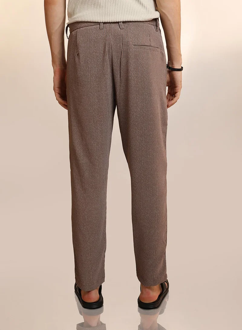 Campus Sutra  Men's Mocha Brown Striped Tailored Trousers for Men | Best Price UAE