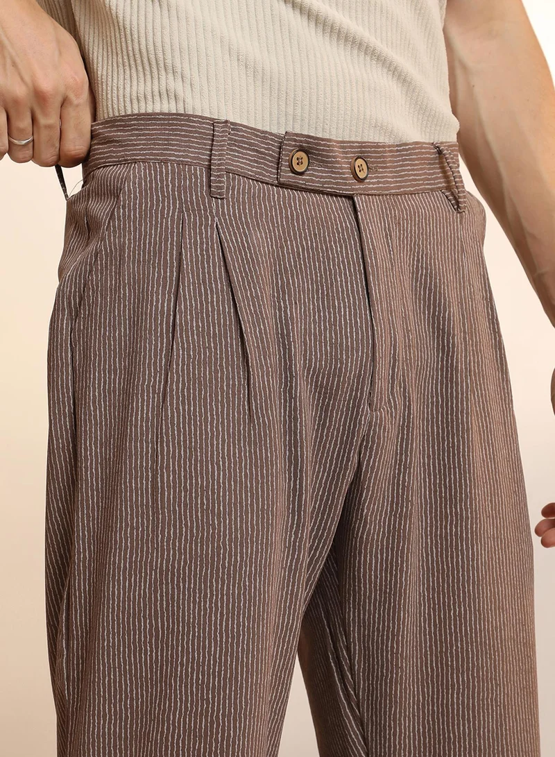 Campus Sutra  Men's Mocha Brown Striped Tailored Trousers for Men | Best Price UAE