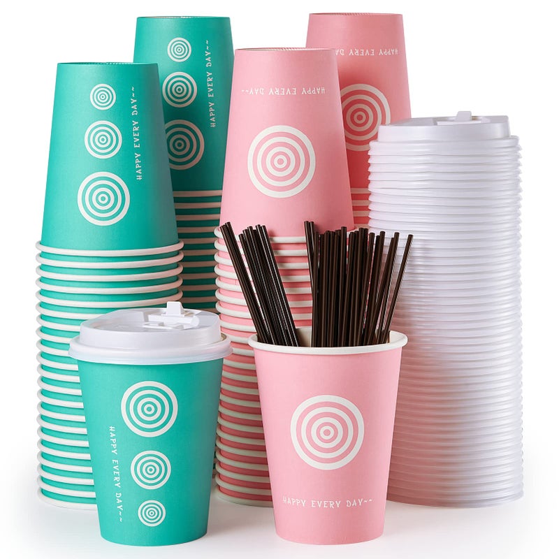 JollyPack 12 oz 100 Pack Paper Coffee Cups with Lids and Stirrers in Pink and Green Great for Coffee Juice Tea Home Use Store and Cafe