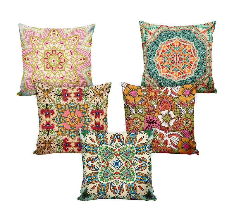 Ultimate Trends Premium Polyester Digital Modern Printed 200 TC Cushion Cover For Living Room Couch Bed Single Sofa Set Of 5 (18 X 18 Inches, Ajrakh Light), Multicolor - Image 2