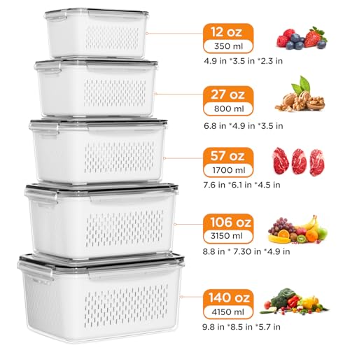 Winproper 5-Pack Fruit Storage Containers for Fridge with Removable Colanders, 4 in 1 Produce Storage Containers with Lids, Leakproof Fridge Organizer Bins for Salad Berry Lettuce Vegetables Meat Keeper Fresh - Image 5