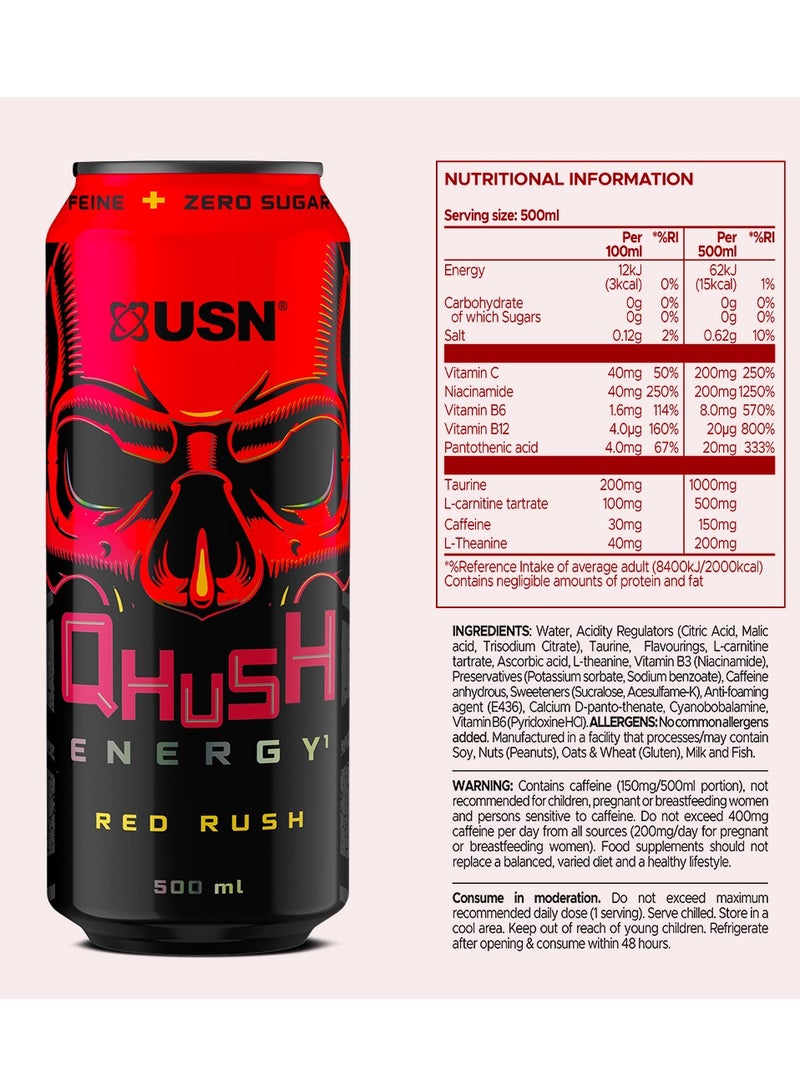 USN Qhush Energy Red Rush Zero Sugar 500Ml Pack Of 6 - Image 3