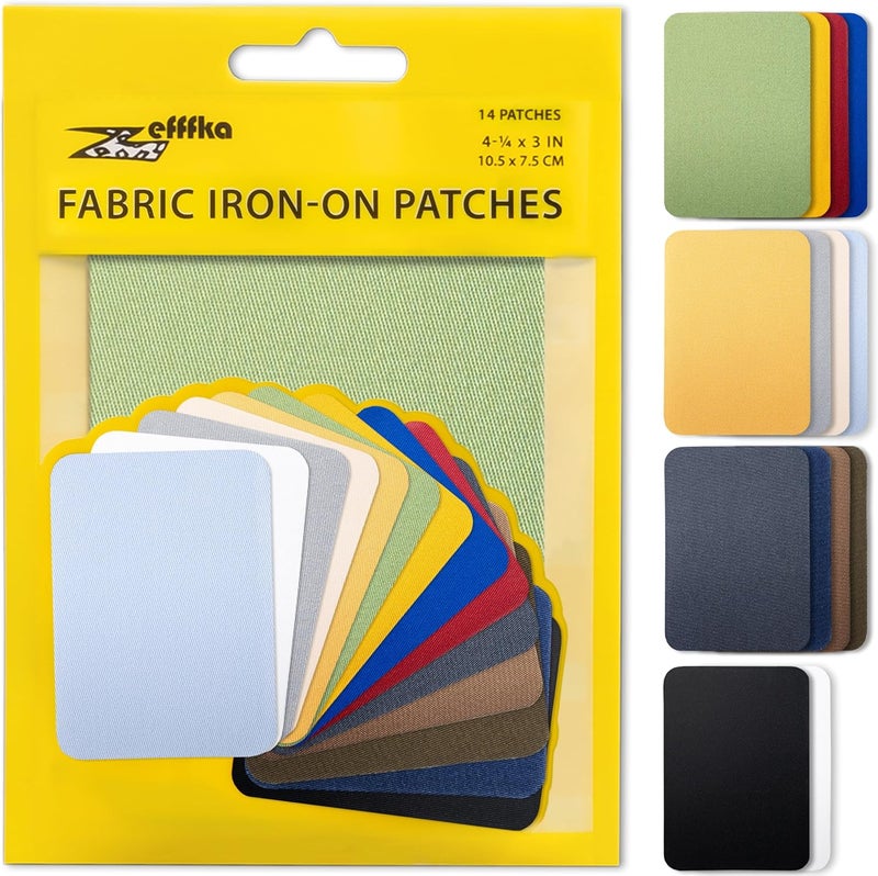 ZEFFFKA Premium Quality Fabric Iron-on Patches Inside & Outside Strongest Glue 100% Cotton Blue Gray Beige Brown Yellow Red Green Repair Decorating Kit 14 Pieces Size 3" by 4-1/4" (7.5 cm x 10.5 cm) - Image 1