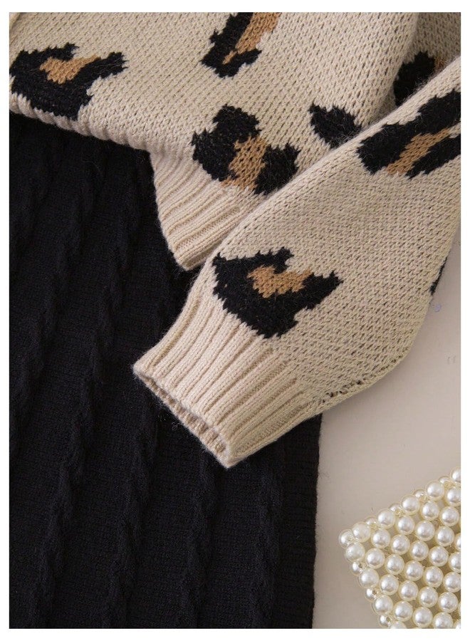 ميك ميشيك طقم ملابس شتوية للبنات من MakeMeChic مكون من قطعتين: كارديجان بأكمام طويلة وياقة دائرية بنقشة الفهد، وتنورة قصيرة واسعة من الأسفل، لون كاكي، مقاس 7 سنوات - Image 2