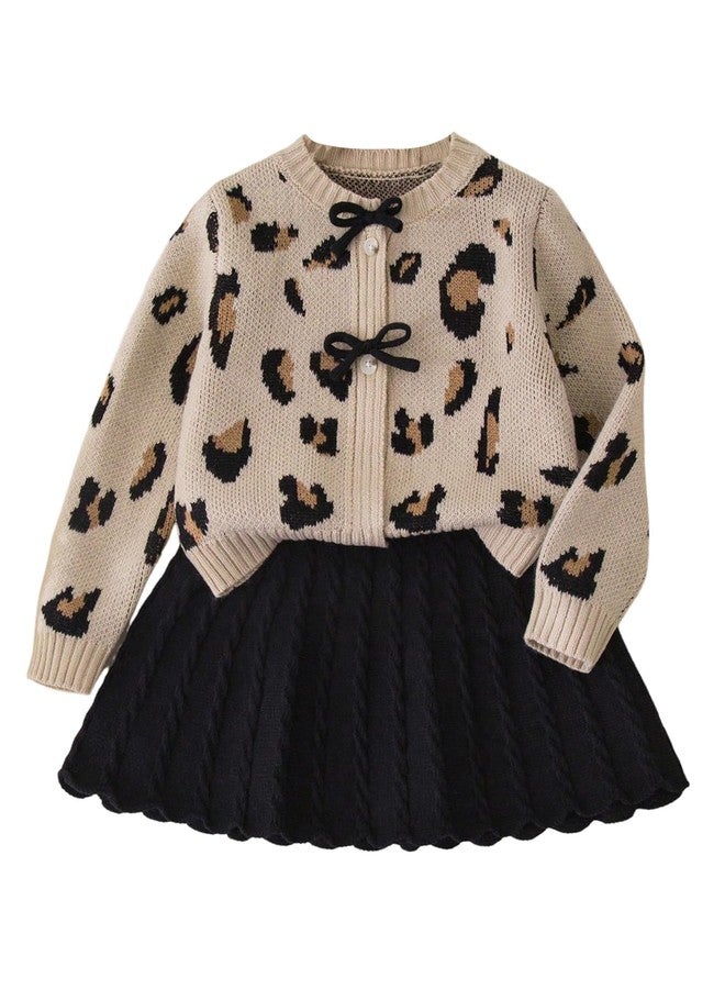 ميك ميشيك طقم ملابس شتوية للبنات من MakeMeChic مكون من قطعتين: كارديجان بأكمام طويلة وياقة دائرية بنقشة الفهد، وتنورة قصيرة واسعة من الأسفل، لون كاكي، مقاس 7 سنوات - Image 1