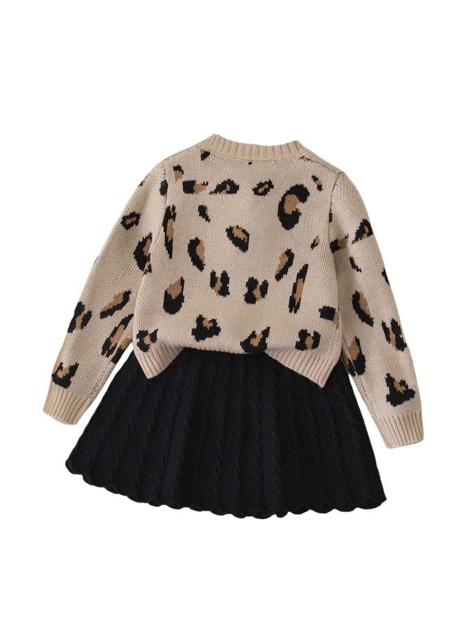 ميك ميشيك طقم ملابس شتوية للبنات من MakeMeChic مكون من قطعتين: كارديجان بأكمام طويلة وياقة دائرية بنقشة الفهد، وتنورة قصيرة واسعة من الأسفل، لون كاكي، مقاس 7 سنوات - Image 3