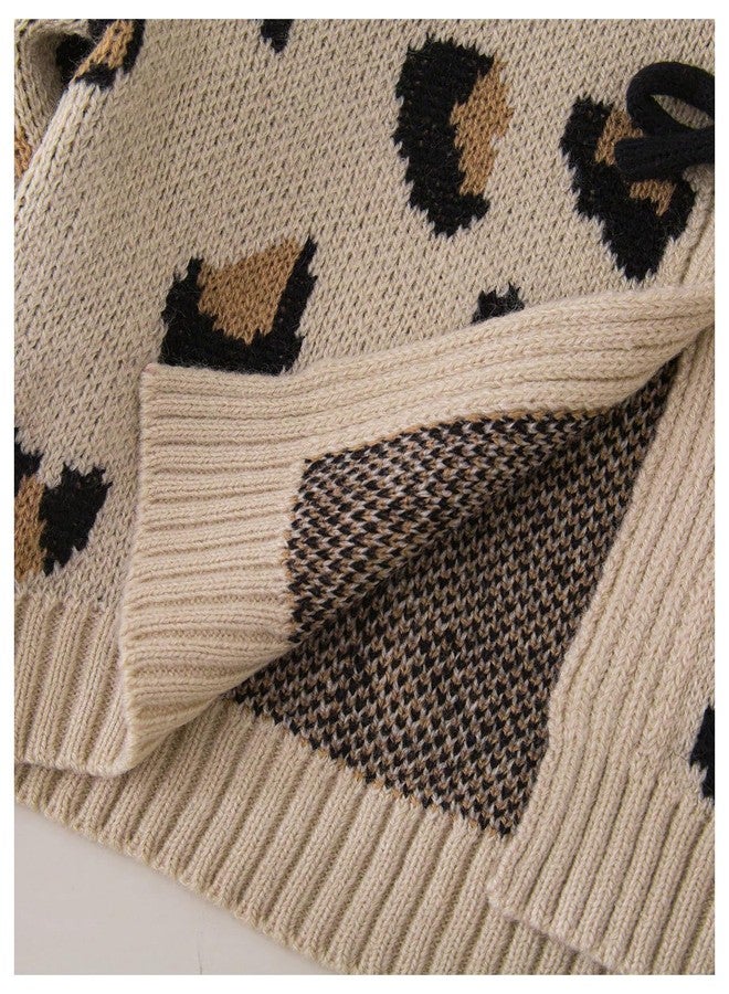 ميك ميشيك طقم ملابس شتوية للبنات من MakeMeChic مكون من قطعتين: كارديجان بأكمام طويلة وياقة دائرية بنقشة الفهد، وتنورة قصيرة واسعة من الأسفل، لون كاكي، مقاس 7 سنوات - Image 5