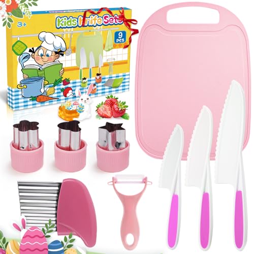 Windidi 9 Pcs Kids Safe Knife Set for Real Cooking Kids Kitchen Knife Set with Cutting BoardCrinkle CutterSandwich Cutter Montessori Kitchen Tools for Toddlers Kid 310 Years Old Girl Boy Birthday Gifts - Image 1
