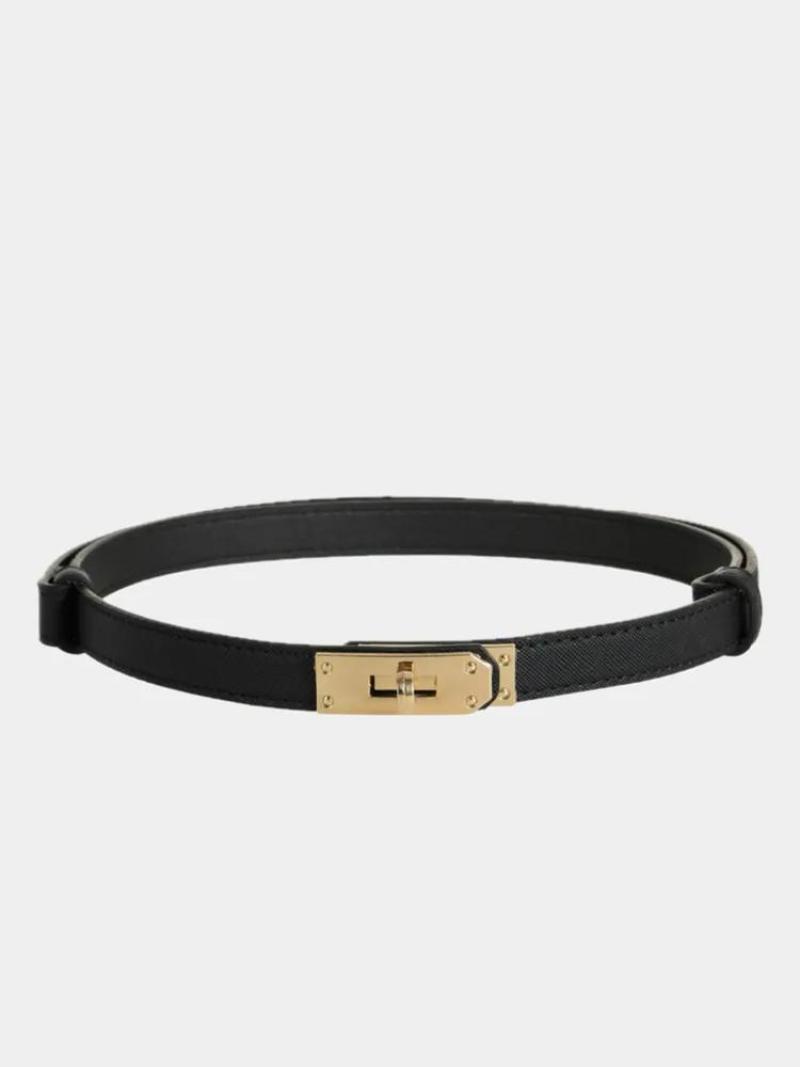 Slim Belt 1.8 cm Width Rotating Gold Buckle - Eco-Leather Black Elegant Belt for Women - Image 2