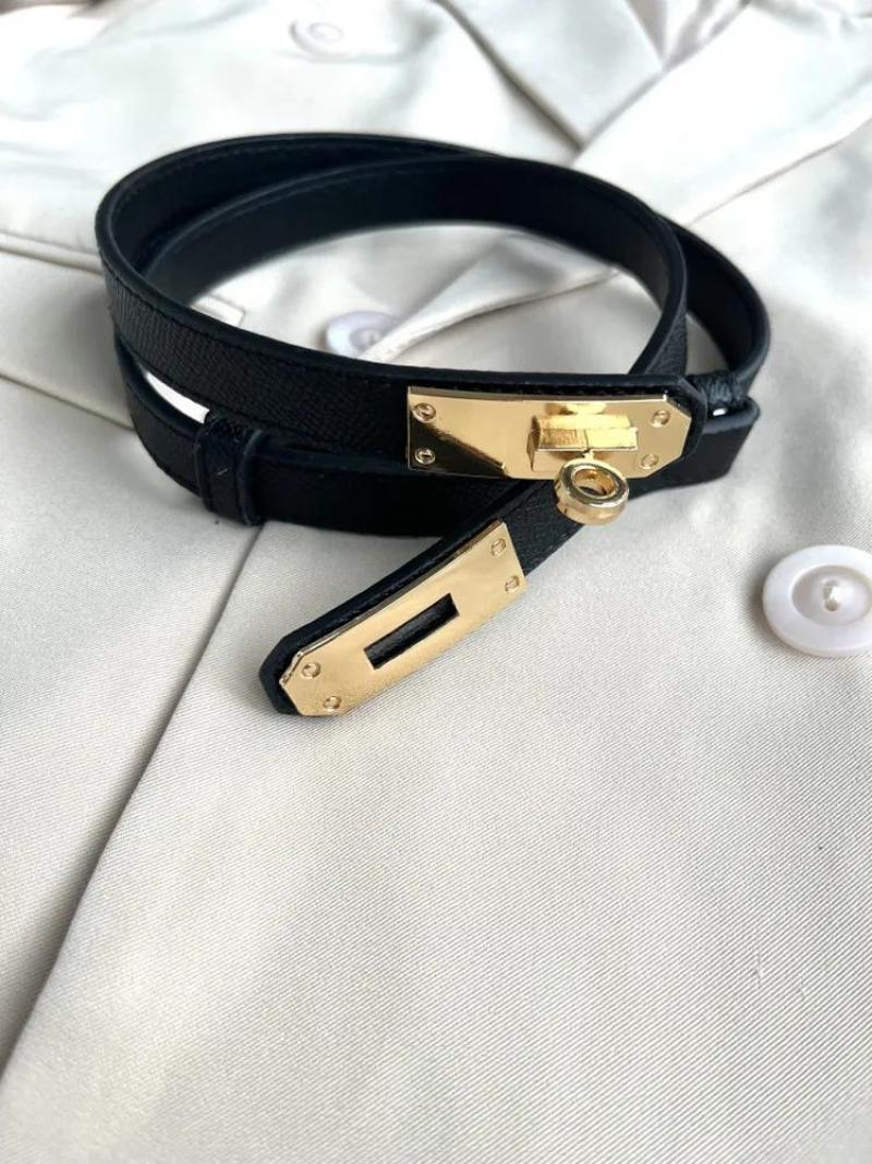 Slim Belt 1.8 cm Width Rotating Gold Buckle - Eco-Leather Black Elegant Belt for Women - Image 3