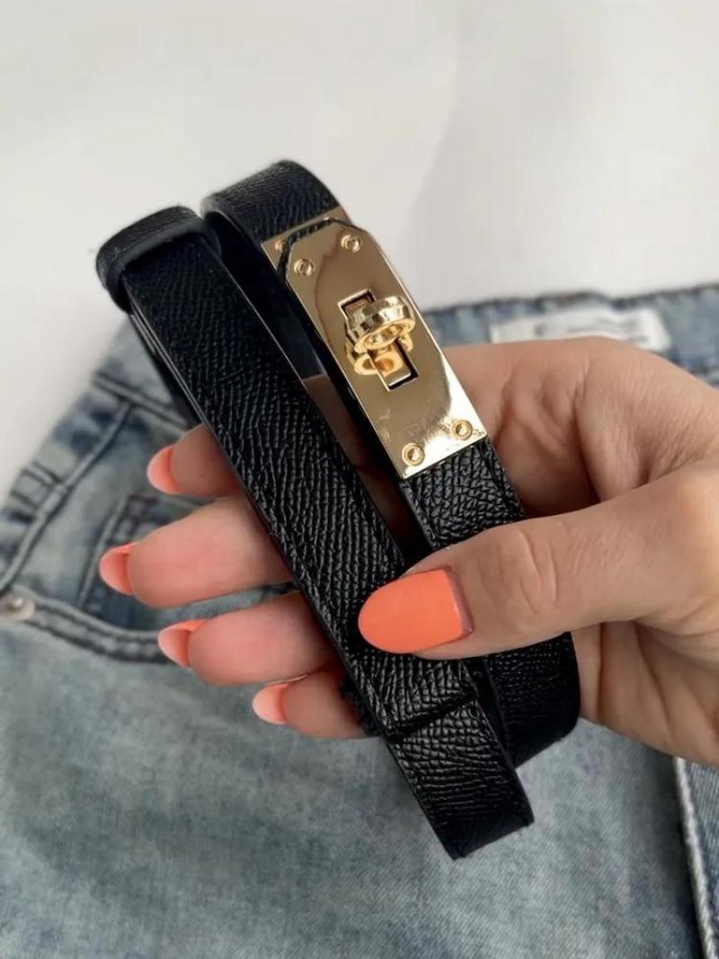 Slim Belt 1.8 cm Width Rotating Gold Buckle - Eco-Leather Black Elegant Belt for Women - Image 5