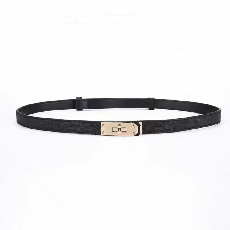Slim Belt 1.8 cm Width Rotating Gold Buckle - Eco-Leather Black Elegant Belt for Women - Image 1