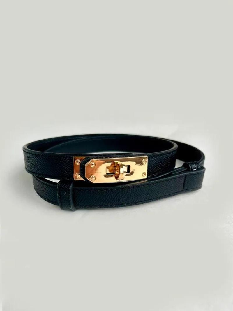 Slim Belt 1.8 cm Width Rotating Gold Buckle - Eco-Leather Black Elegant Belt for Women - Image 4