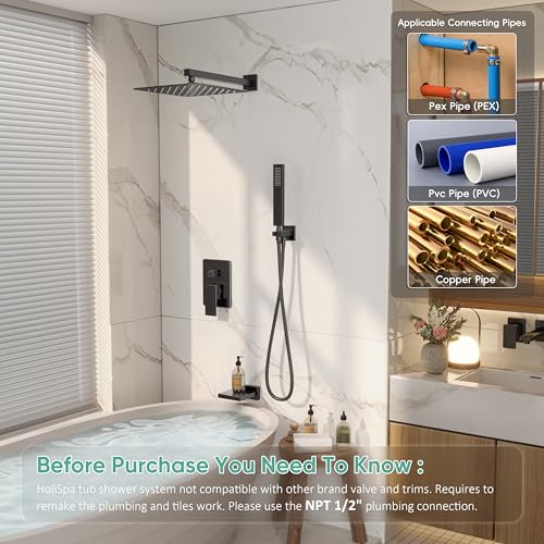 HoliSpa Black Shower System with Tub Spout, All Metal Tub Shower Faucet Set with 10" Rain Shower Head and Handheld Spray combo, Wall Mounted Tub Shower Systems with Valve and Trim Kit, Matte Black - Image 2