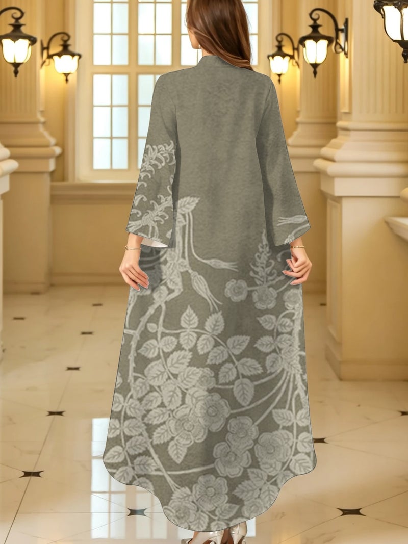 Bottom‑side Floral Vine Print Stand Collar Three Quarter Sleeve Abaya - Image 4