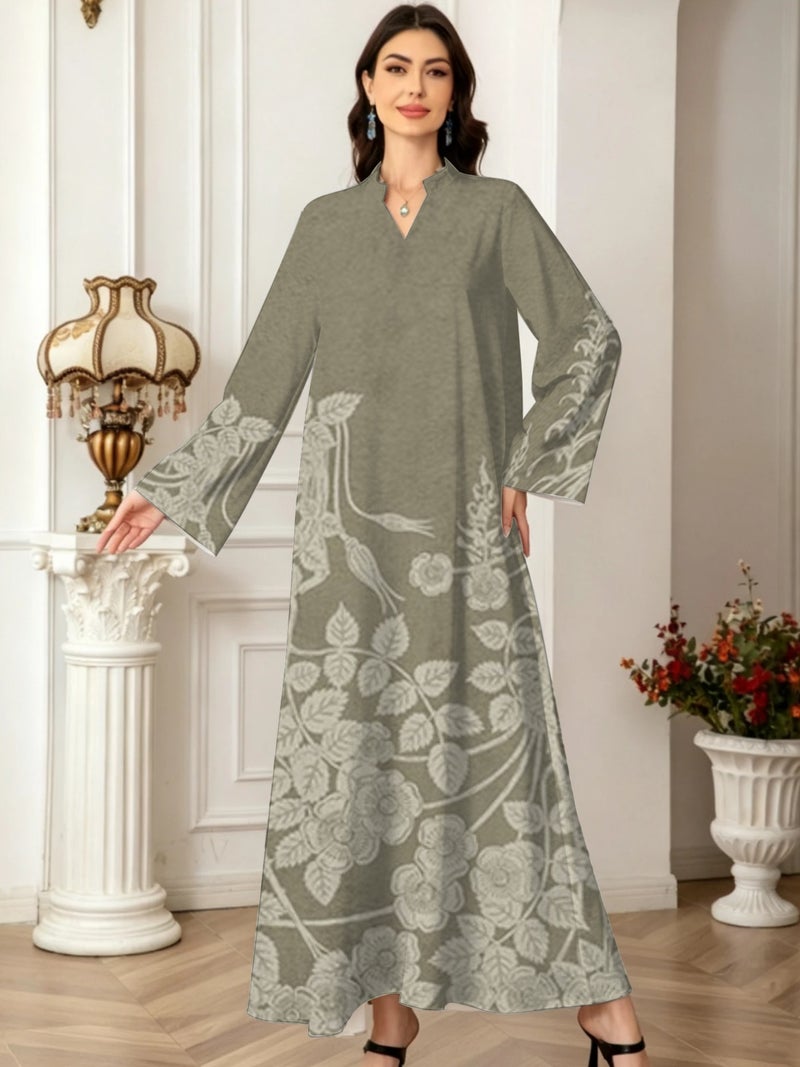 Bottom‑side Floral Vine Print Stand Collar Three Quarter Sleeve Abaya - Image 2