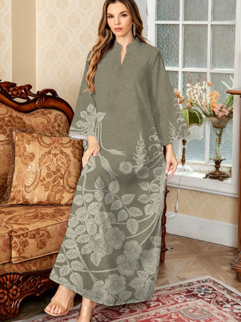 Bottom‑side Floral Vine Print Stand Collar Three Quarter Sleeve Abaya - Image 3
