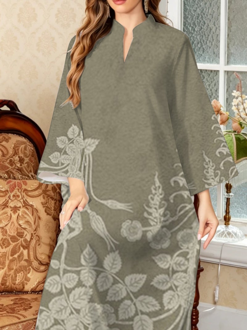 Bottom‑side Floral Vine Print Stand Collar Three Quarter Sleeve Abaya - Image 5