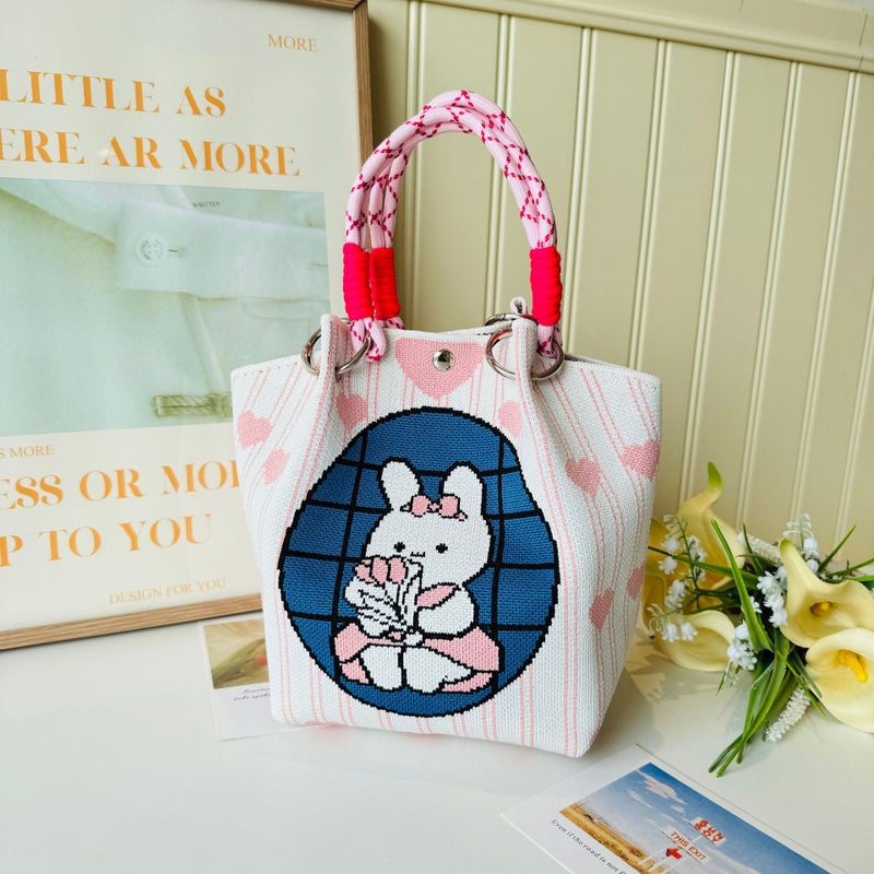 New Korean-Style Niche Cute All-Match Knitted Bucket Bag For Shopping Portable Handbag For Women - Image 4