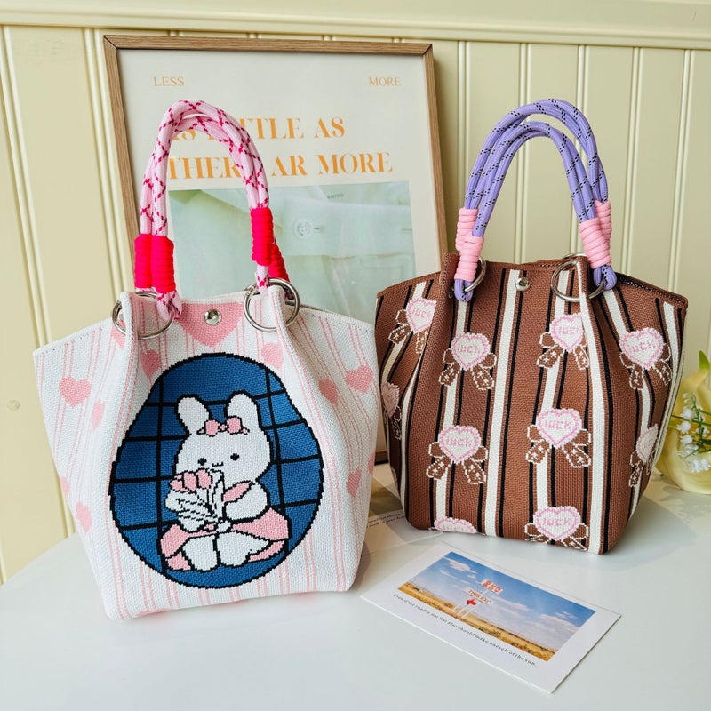 New Korean-Style Niche Cute All-Match Knitted Bucket Bag For Shopping Portable Handbag For Women - Image 2
