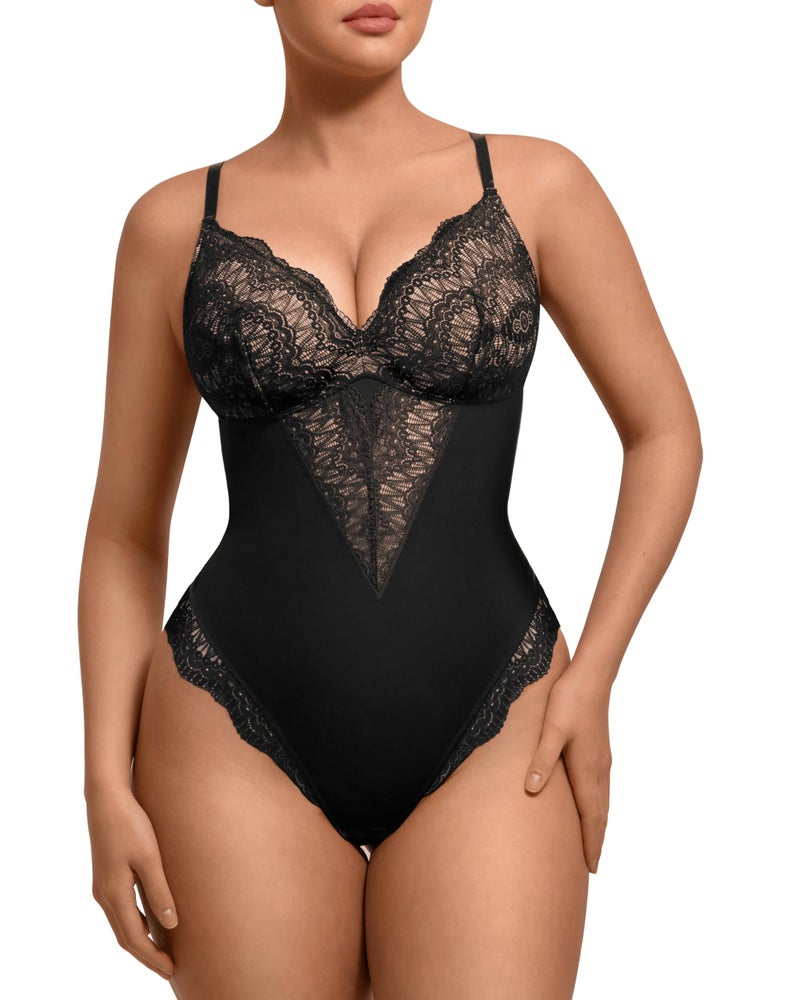 FeelinGirl Womens Body Suits Shapewear Tummy Control Backless Thong Body Shaper V Neck Compression Lace Bodysuit Tops Black - Image 1