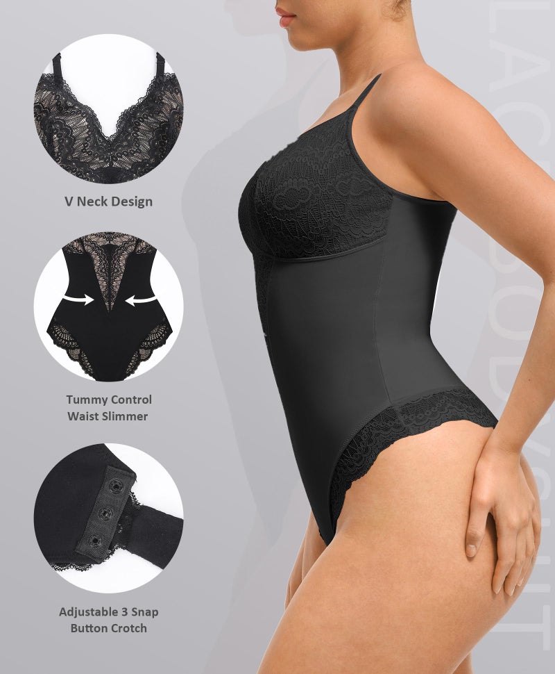 FeelinGirl Womens Body Suits Shapewear Tummy Control Backless Thong Body Shaper V Neck Compression Lace Bodysuit Tops Black - Image 4