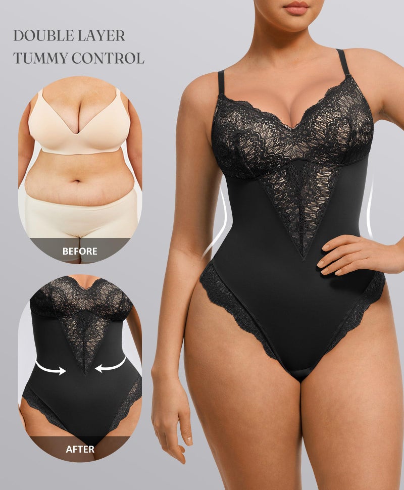 FeelinGirl Womens Body Suits Shapewear Tummy Control Backless Thong Body Shaper V Neck Compression Lace Bodysuit Tops Black - Image 3