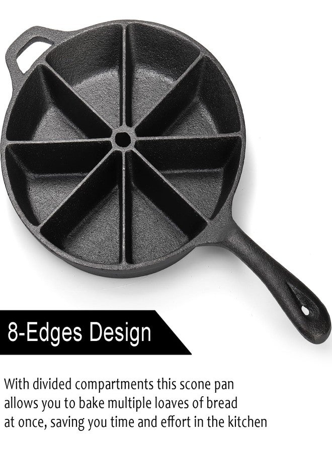 WUWEOT Cast Iron Wedge Pan, Round Corn Bread Skillet, 8-edges Biscuit Pan Mini Cake Pan with Long Handle for Scones, Corn Stick, Muffins, Cupcakes and Brownies - Image 3