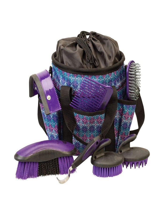 Weaver Equine Horse Grooming Kit, 7-Piece Horse Brush Set with Organizer Tote Bag, Hoof Pick, Comb, Sweat Scraper, Equine Tools for Daily Grooming, Purple Geo - Image 1