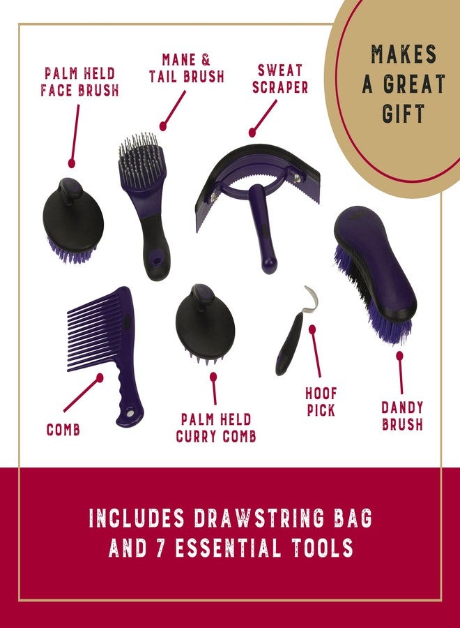 Weaver Equine Horse Grooming Kit, 7-Piece Horse Brush Set with Organizer Tote Bag, Hoof Pick, Comb, Sweat Scraper, Equine Tools for Daily Grooming, Purple Geo - Image 4