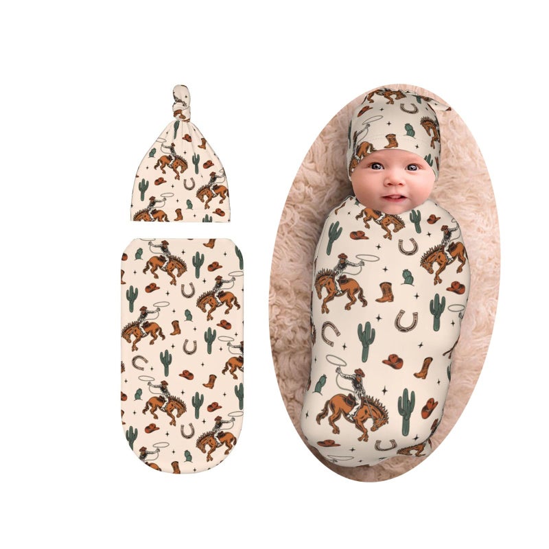 Sozzjile Western Baby Stuff Swaddle Blanket with Beanie Set, Soft Cactus Baby Swaddle Sack Newborn Sleeping Sacks for Girls Boys - Image 1